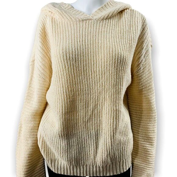 Abound Hooded Sweater Ivory Knit Hoodie Cozy Minimalist Fall Size M - Picture 3 of 7